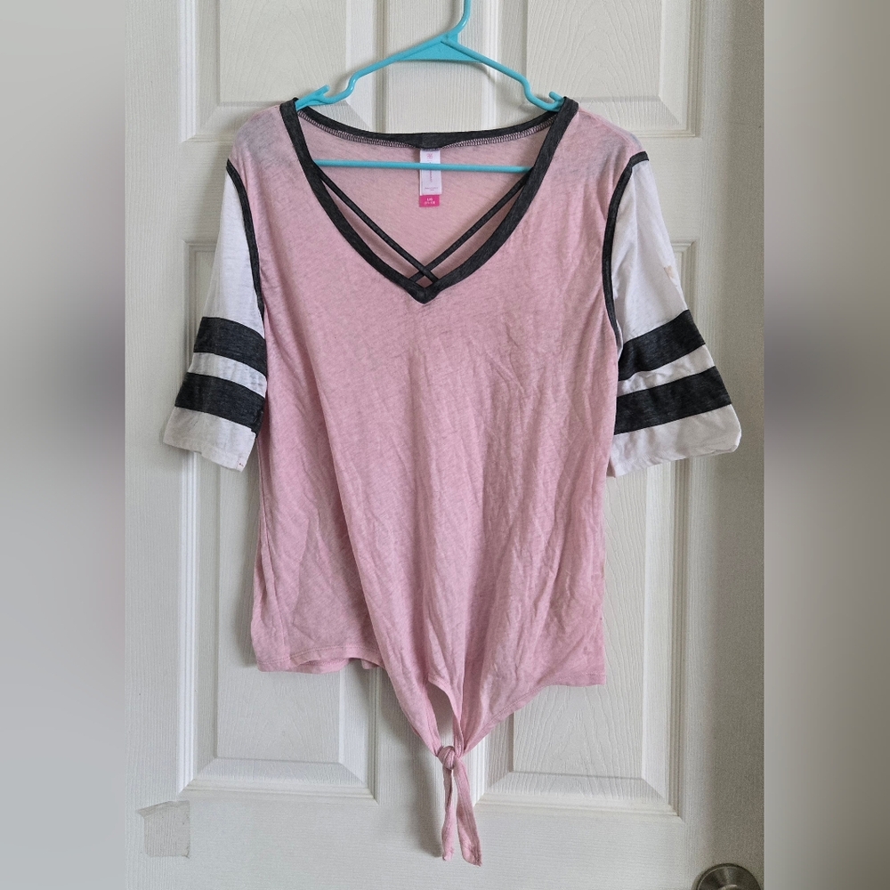 Light Pink and Black Top Tie-Front Top